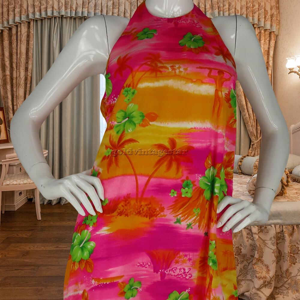 60s Vintage Pomare Hawaiian Aloha Luau Floral Neon Dress M